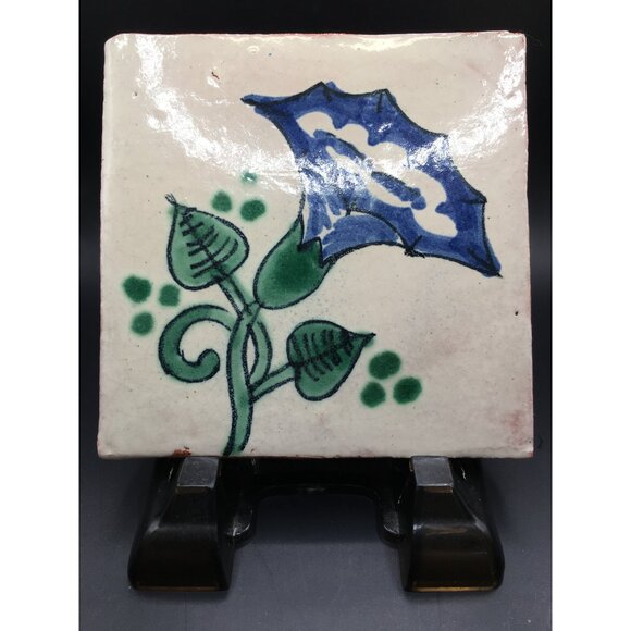 Vintage Mexican Talavera Tile Ceramic Blue Floral Green Foliage Design 4.5"x4.5" - Picture 3 of 11